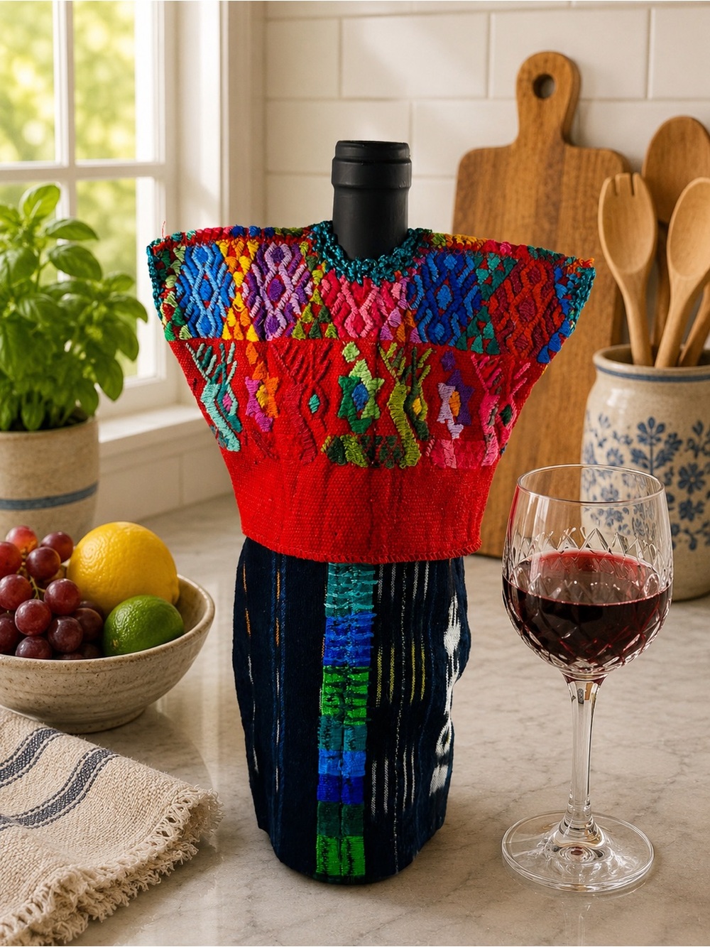 Handmade Guatemalan Wine Bottle Cover | Traditional Huipil Dress from Patzun